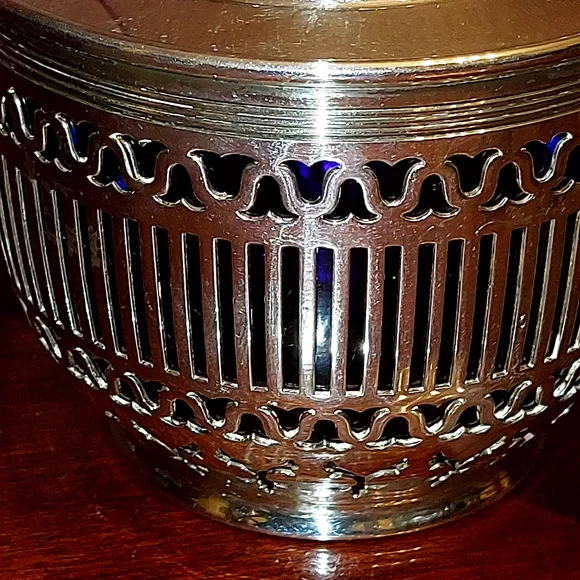 Reed & Barton Sugar Basket w/ Cobalt Blue Glass Insert and Lid